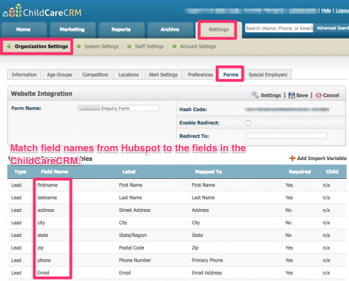 ChildCareCRM Hubspot Integration