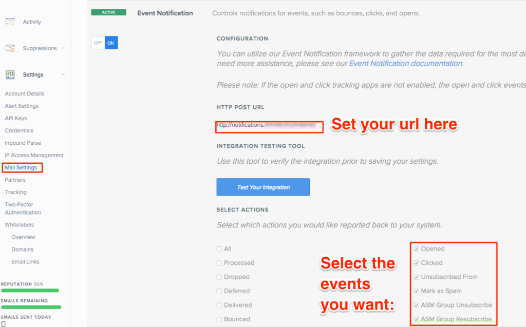 Sendgrid event notifcation config