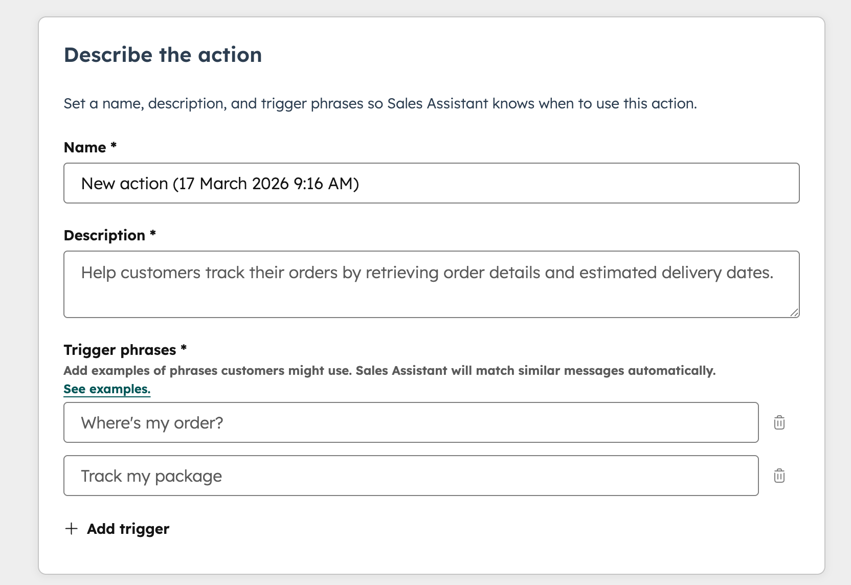Action trigger set up in Customer Agent HubSpot