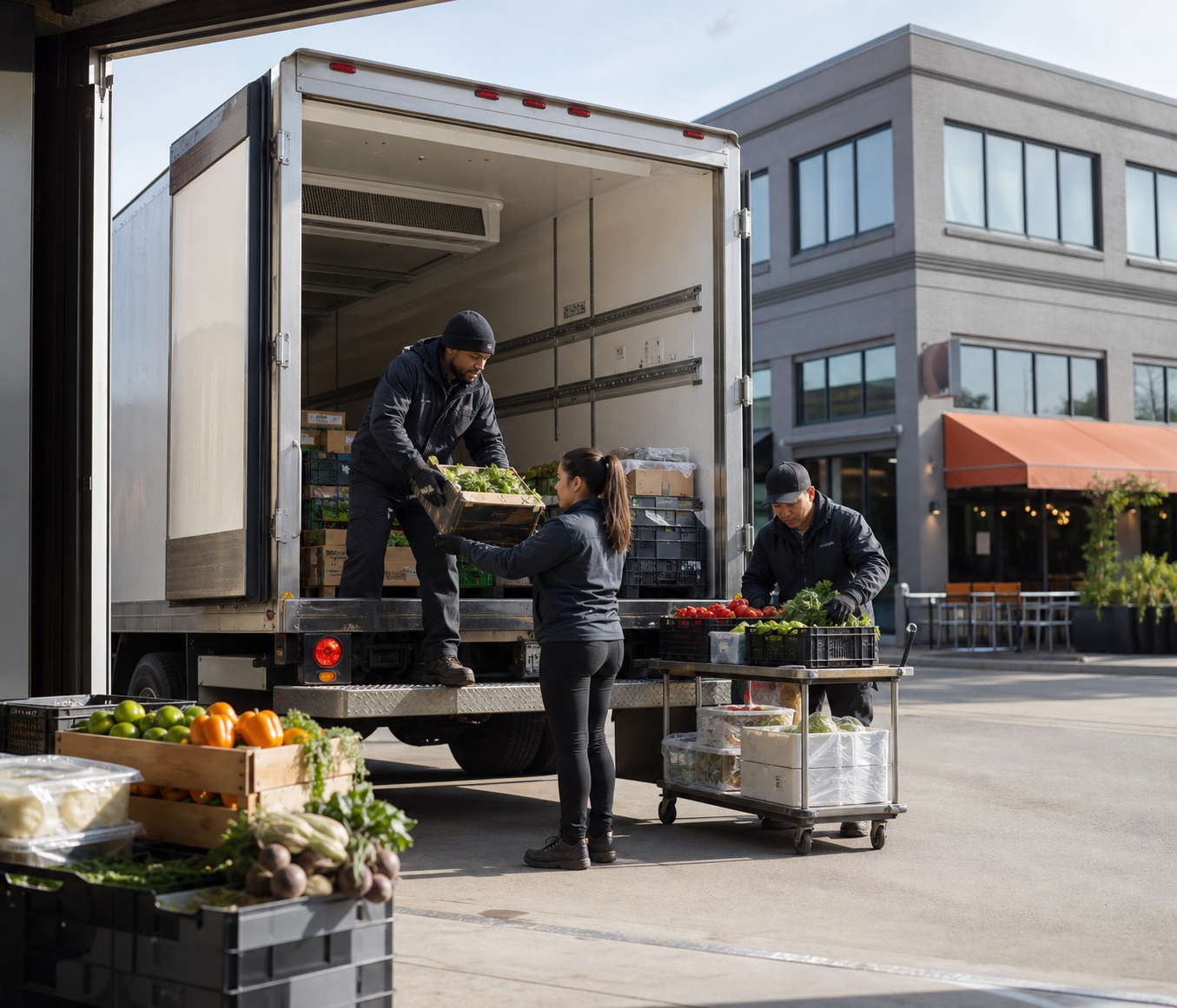 fresh produce being unloaded from a delivery truck near a restaurant