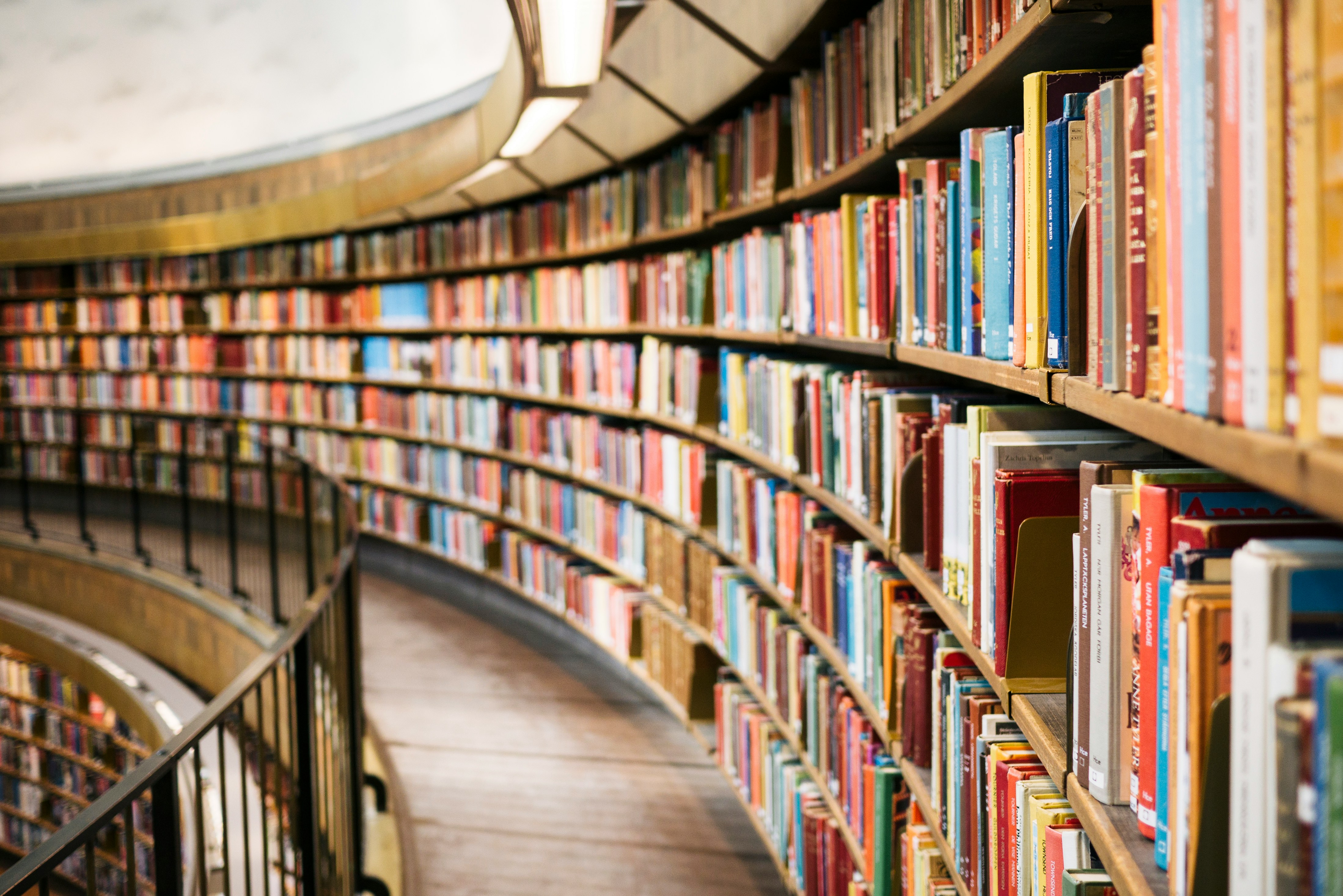 School library books curving away into the distance