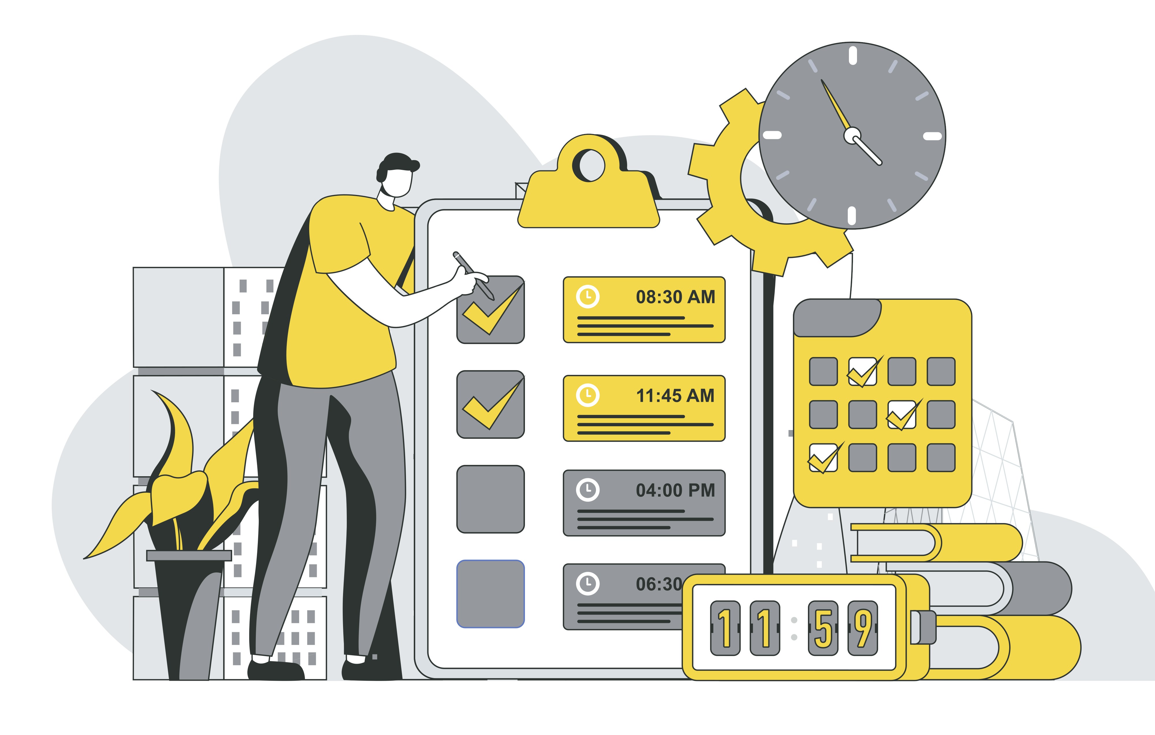 Graphic illustration showing a person checking systems and recording on a list